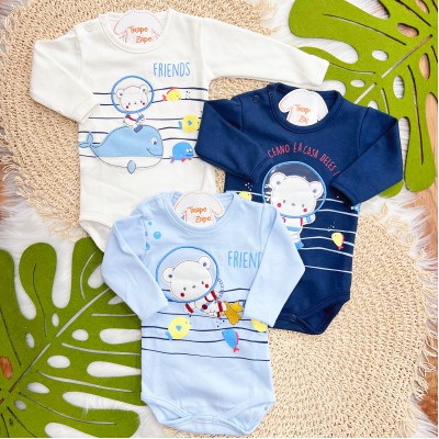 Kit 3 Peças - Bodys Manga Longa Ursinhos Friends - Off White, Marinho e Azul Bebê